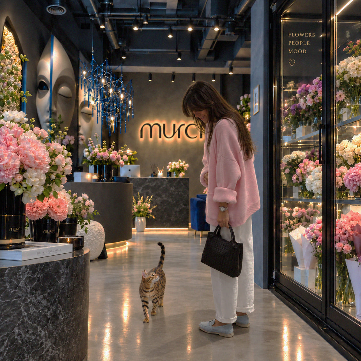 The MURCI flower shop in Chișinău, with flowers, a visitor and a cat