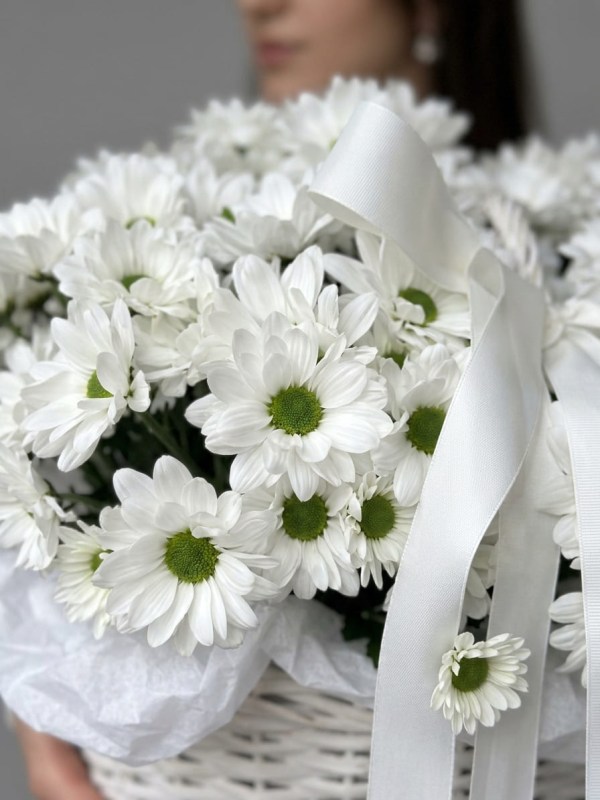 Composition of 11 white chrysanthemums in a basket