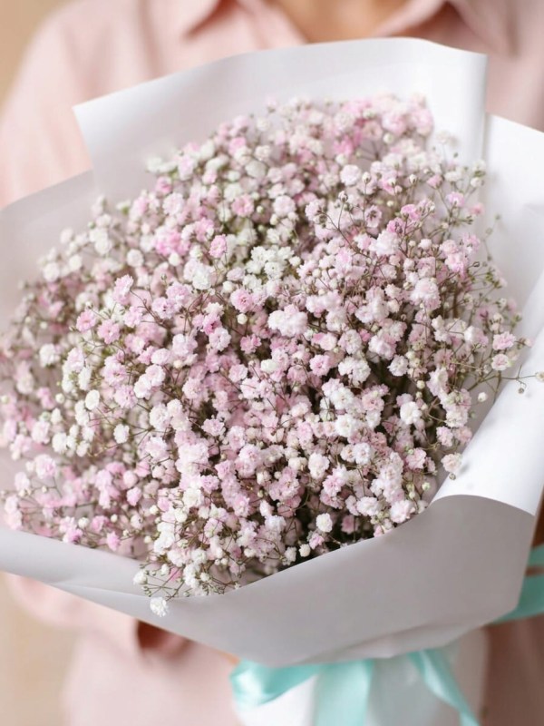 Buchet din 5 ramuri de gypsophila roz si alb în ambalaj deschis