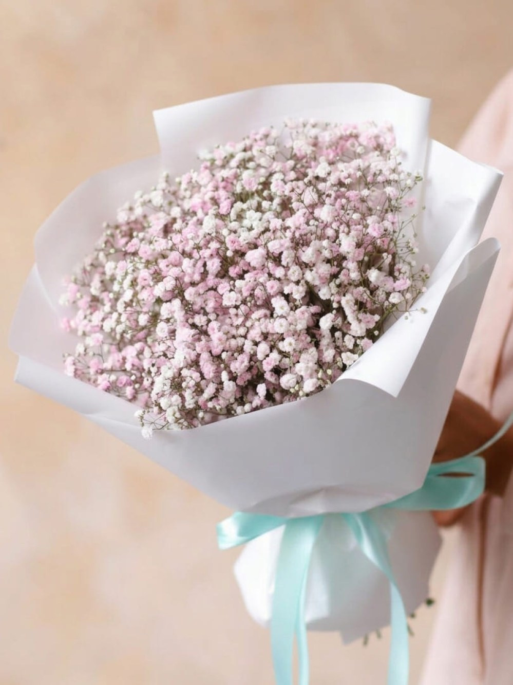 Buchet din 5 ramuri de gypsophila roz si alb în ambalaj deschis