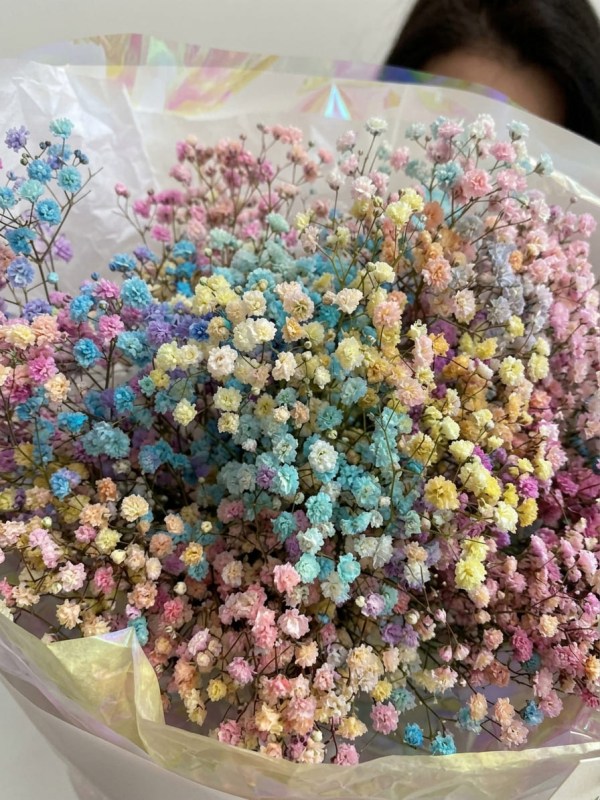Buchet din 7 ramuri de gypsophila curcubeu în ambalaj deschis