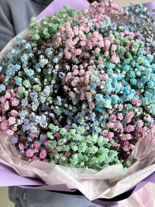 Buchet din 9 ramuri de amestec de gypsophila colorat în ambalaj liliac