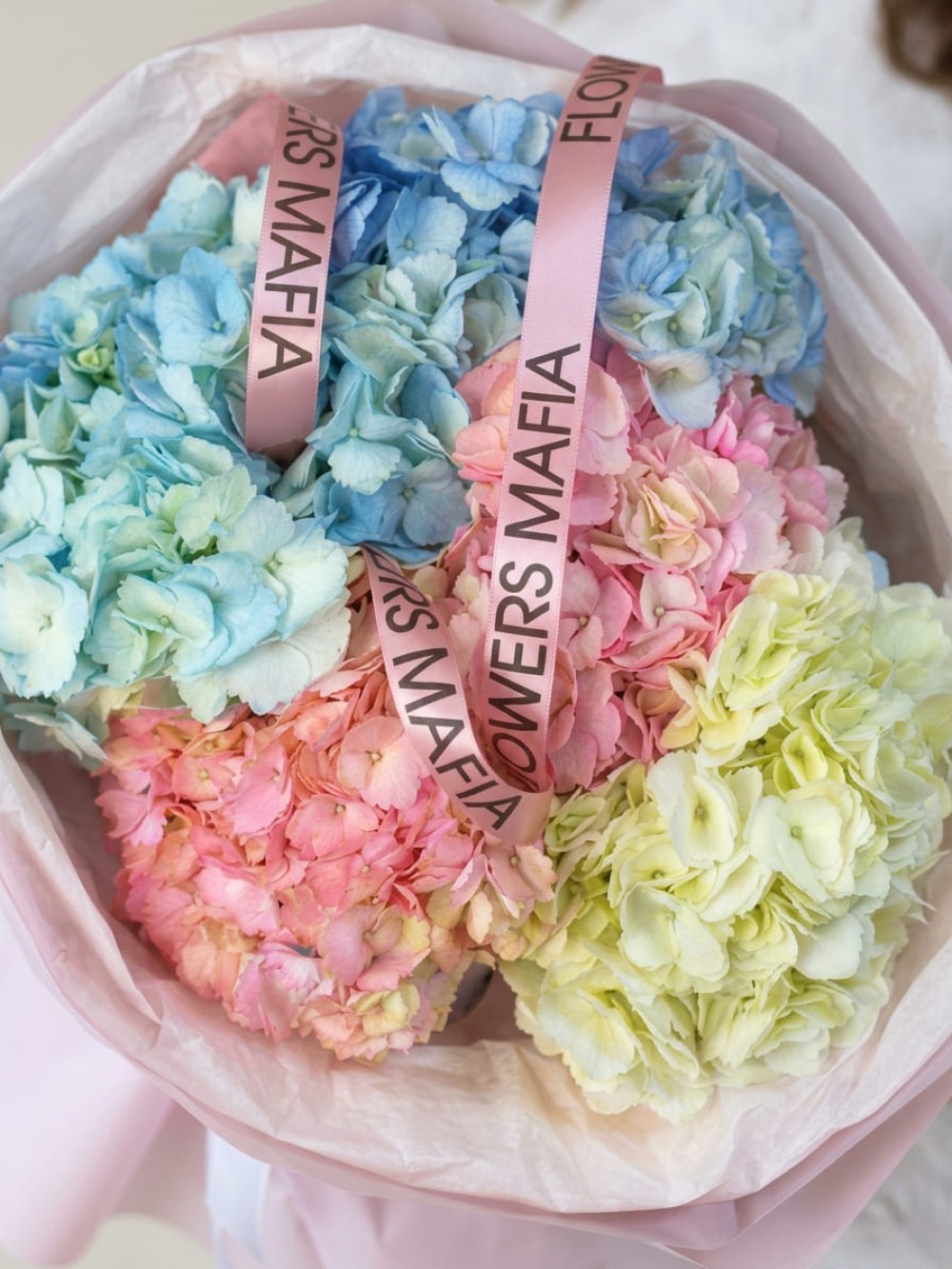 Buchet de 5 hortensii amestecate în ambalaj roz