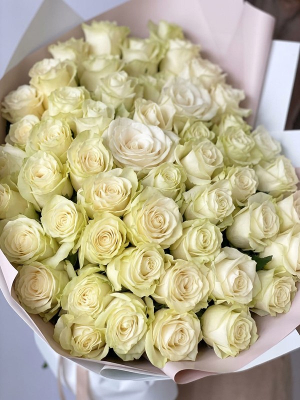 Buchet de 51 de trandafiri albi în ambalaj deschis