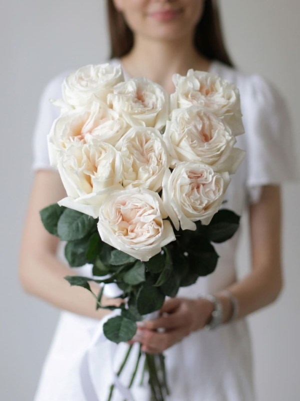 Buchet de 9 trandafiri tip bujor White O'Hara