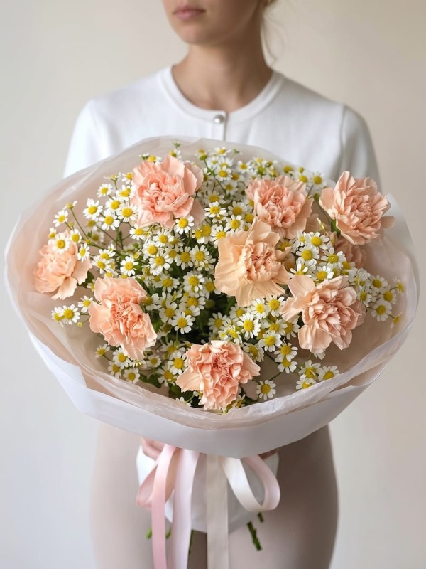 Buchet duo de mușețel cu dianthus „Chalet” mediu
