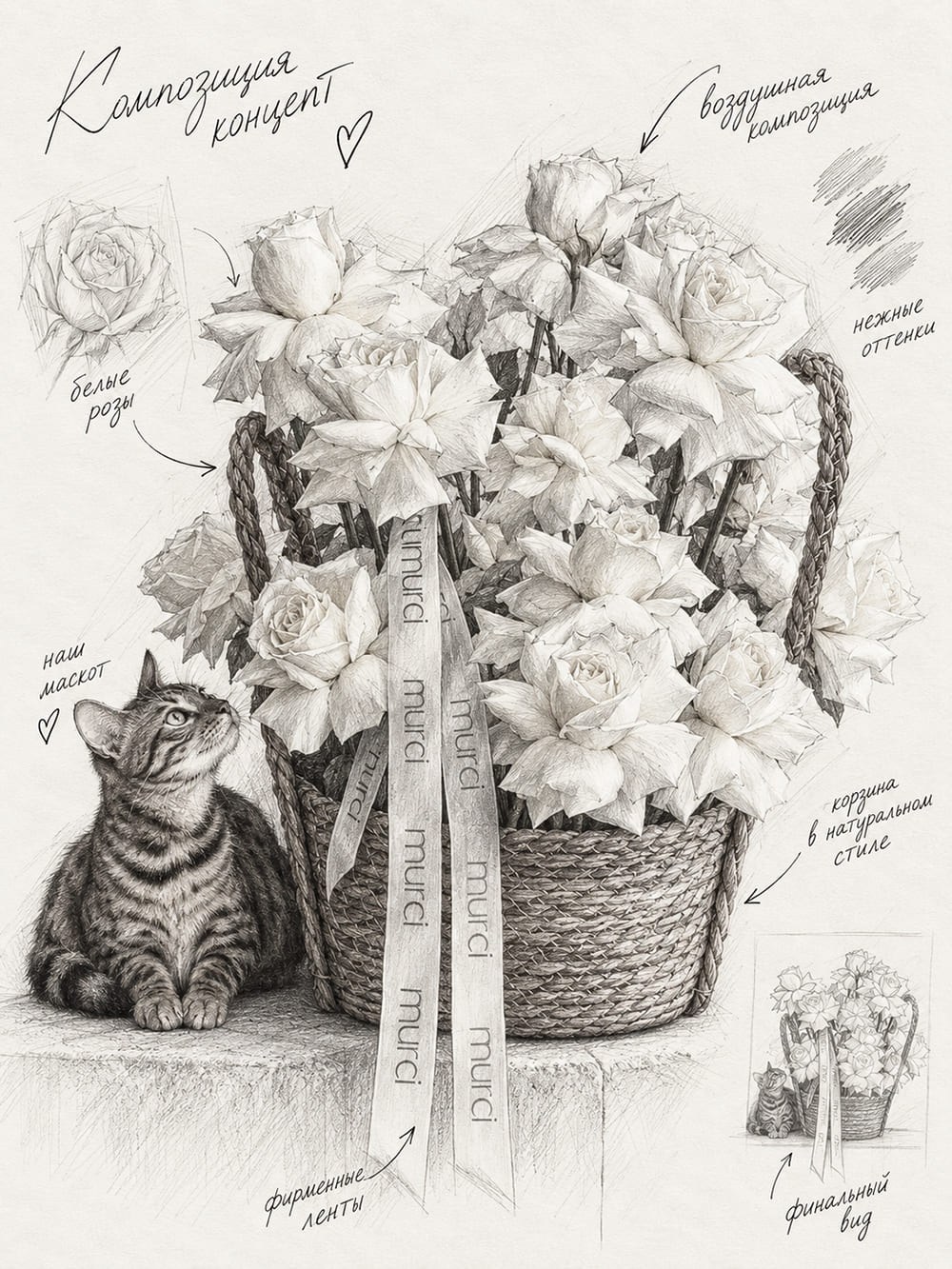 Basket with White French Roses