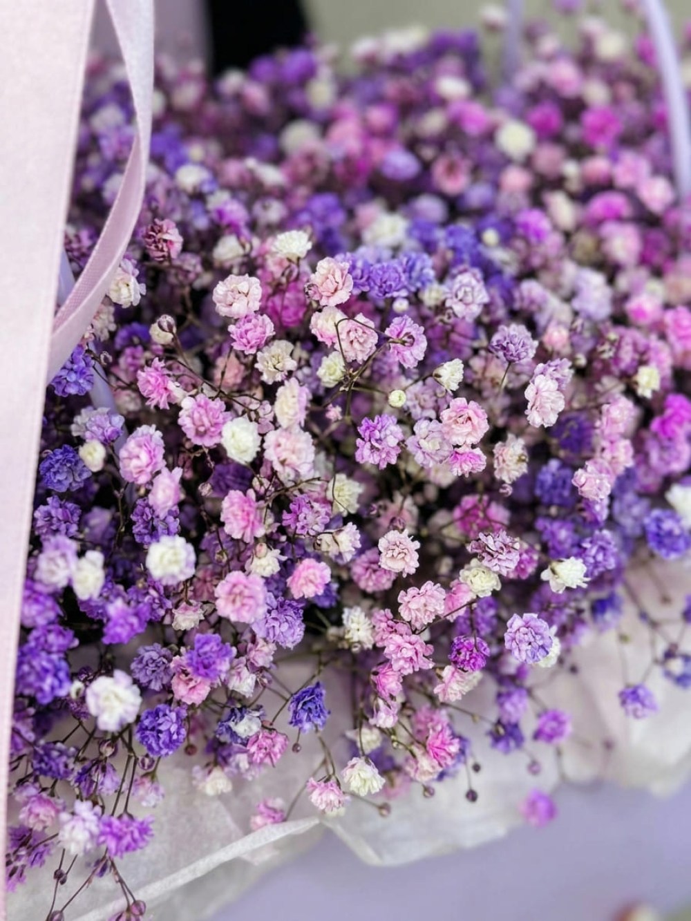 9 branches of colored gypsophila in a lilac flower bag