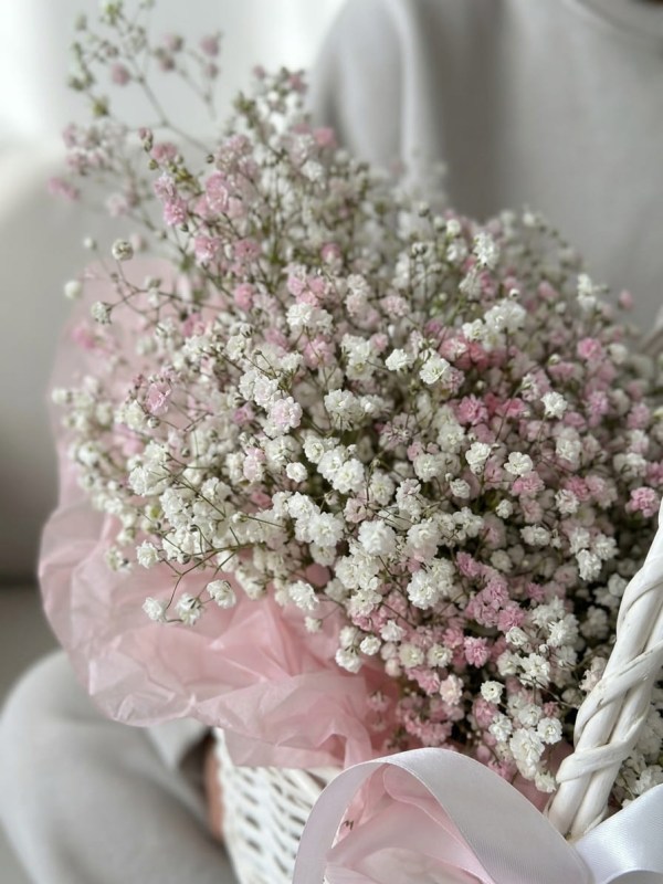 Coș cu 9 ramuri de gypsophila roz și alb