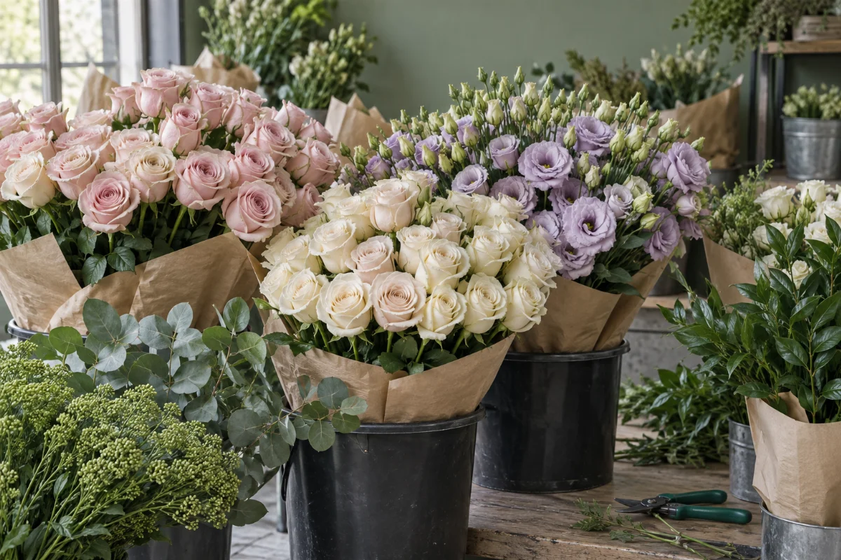 Flori tăiate în legături: trandafiri, lisianthus și verdeață
